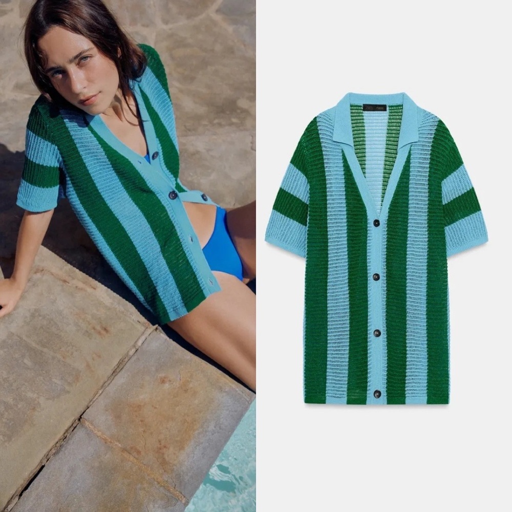 ZARA STRIPED SHORT SLEEVE KNIT CARDIGAN